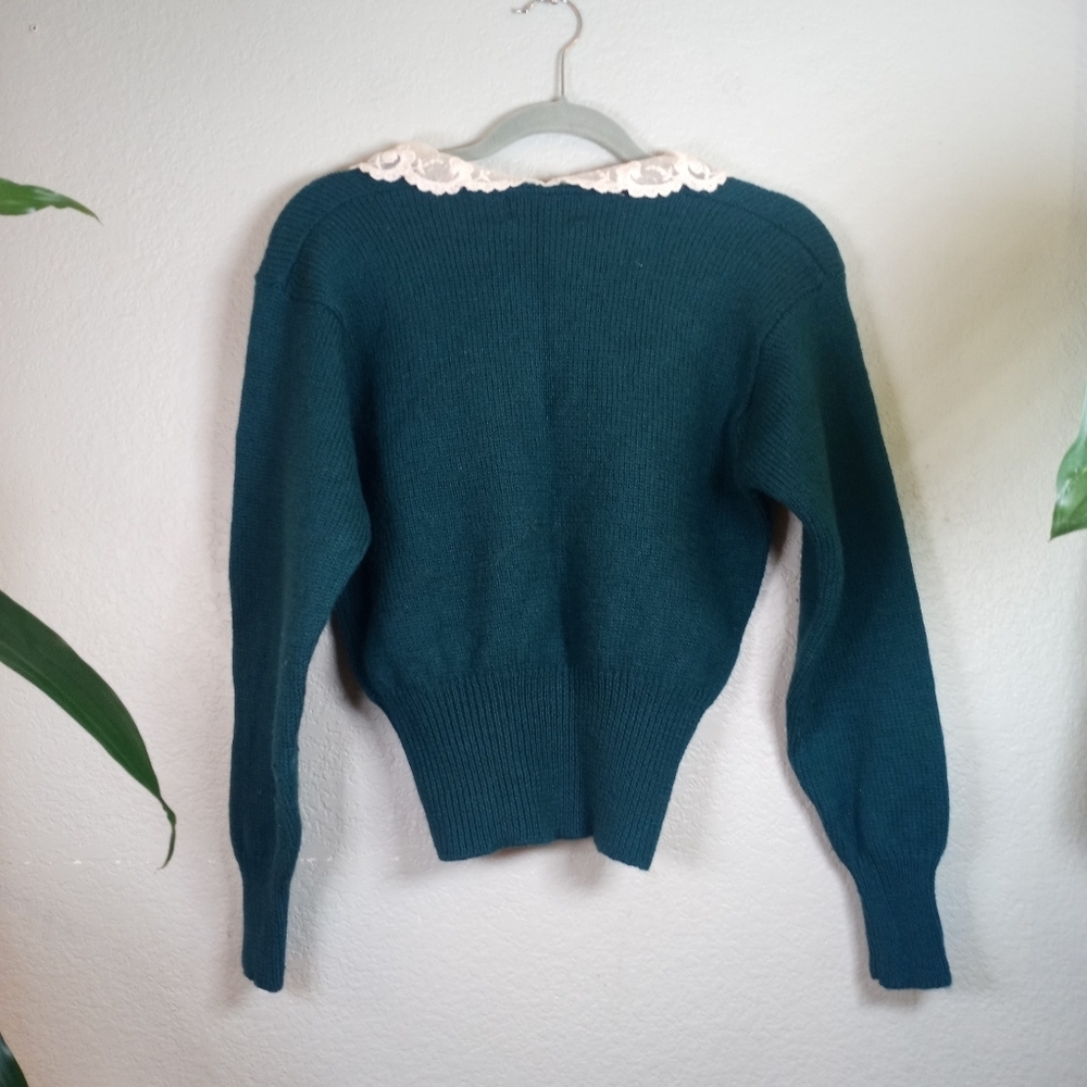 Vintage 70s Tanner Sport Teal Green Wool Lace Collared Feminine Boho Sweater - Picture 4 of 9